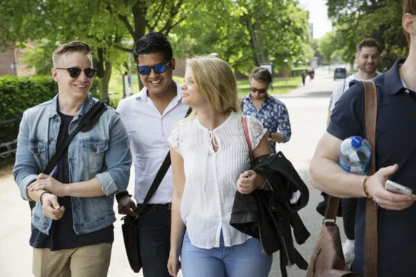 Several cheerful students are walking along a road, chatting. Photo.